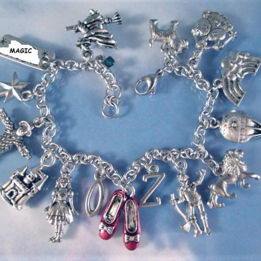 Wizard of Oz Charm Bracelet Magic Wand Ruby Slippers Tinman Scarecrow Wicked W
